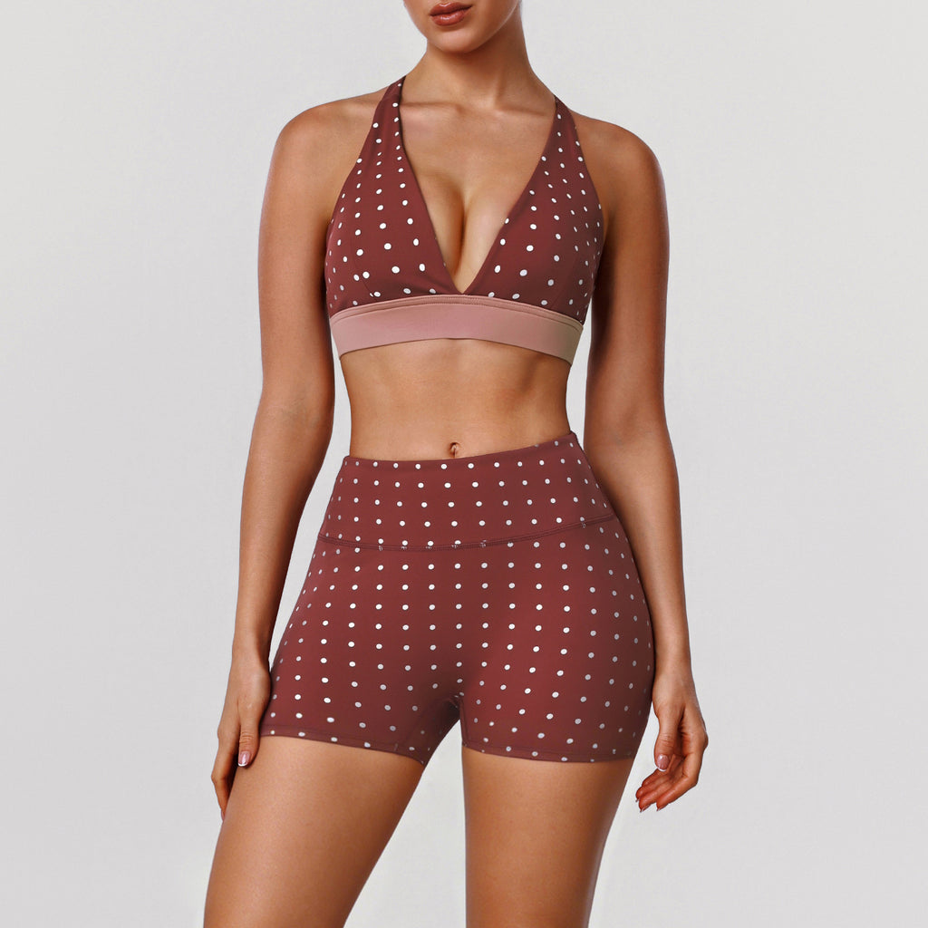 Polka Dot Yoga Wear Set with Push-Up Bra and Shorts