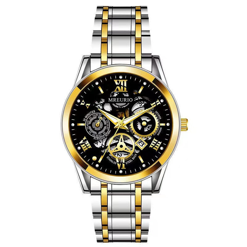 Hollow Calendar Mens Watch Stainless Steel Band