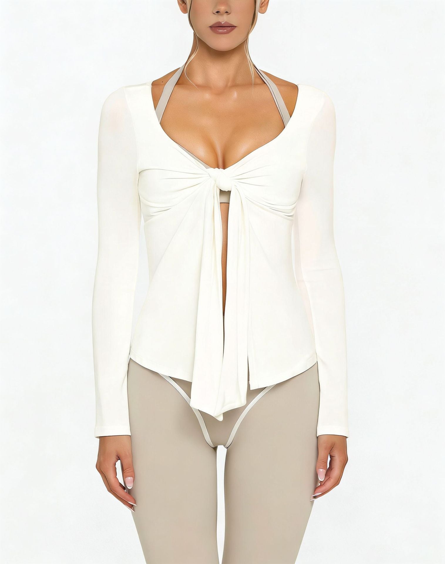 Womens High Elasticity Yoga Jacket with V-Neck Tie