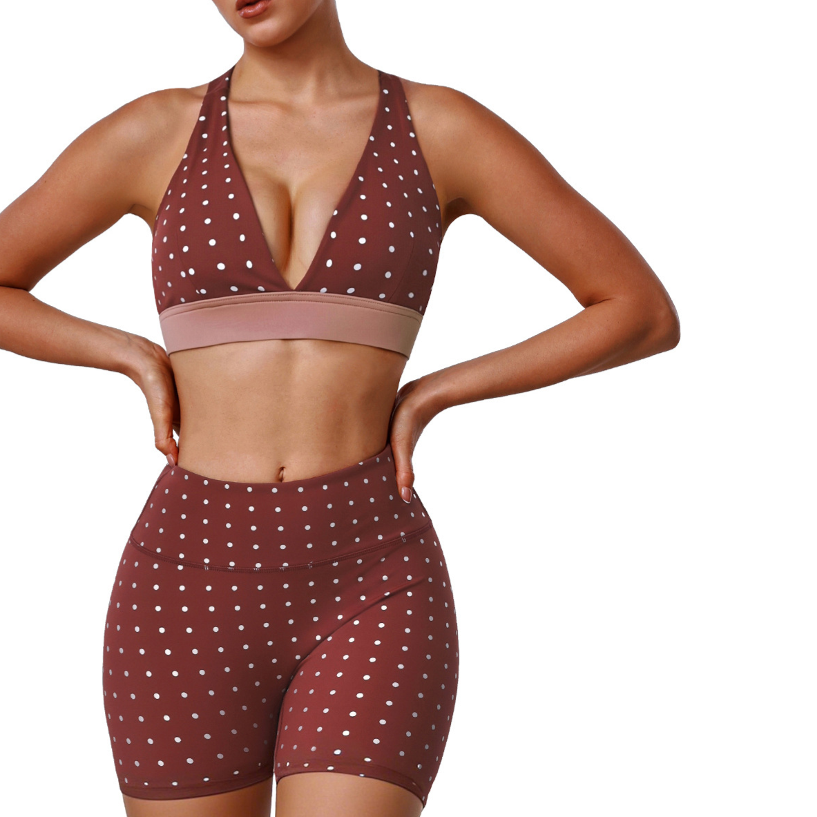 Polka Dot Yoga Wear Set with Push-Up Bra and Shorts
