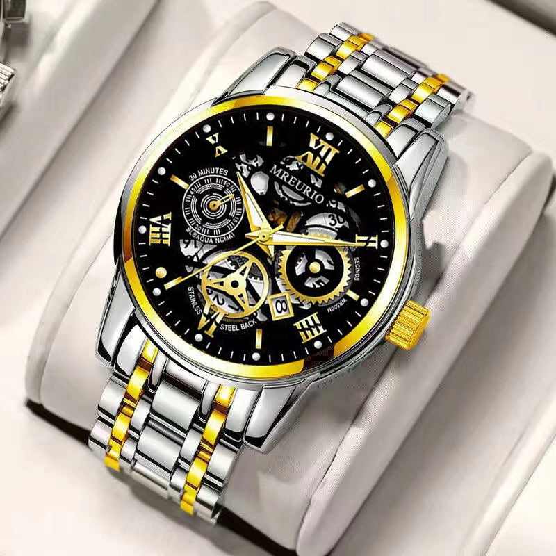 Hollow Calendar Mens Watch Stainless Steel Band