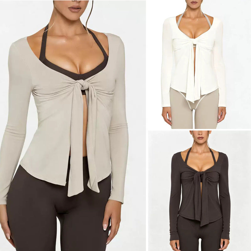 Womens High Elasticity Yoga Jacket with V-Neck Tie