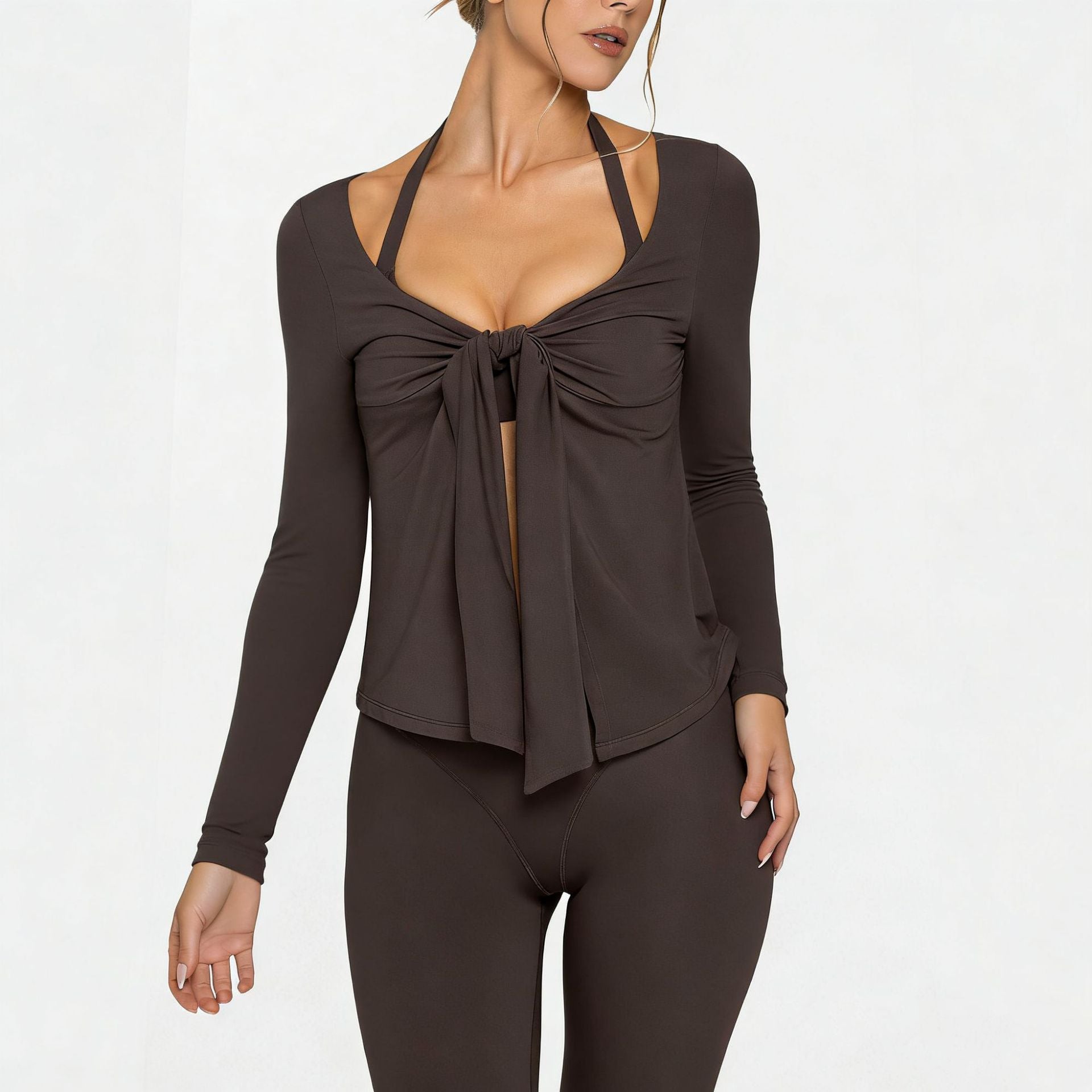 Womens High Elasticity Yoga Jacket with V-Neck Tie
