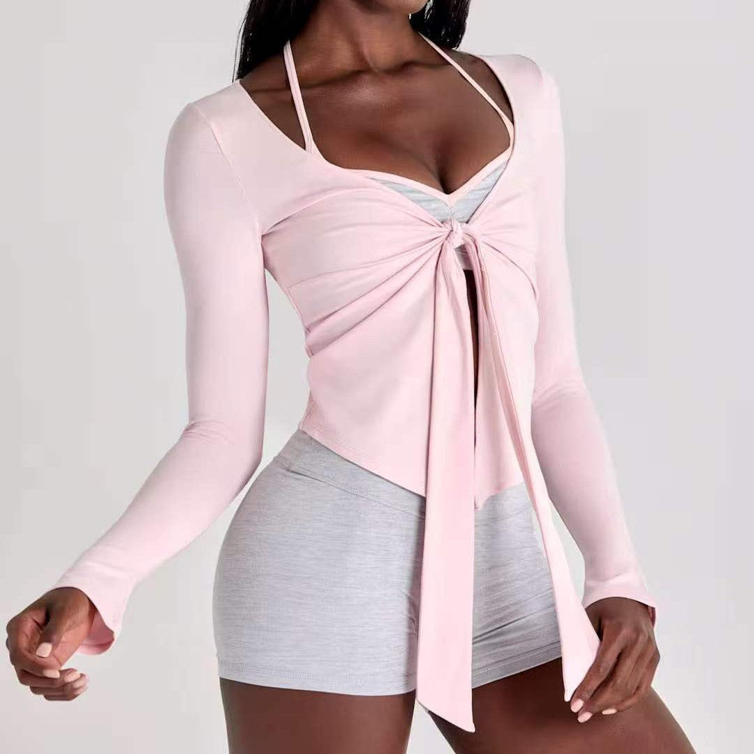 Womens High Elasticity Yoga Jacket with V-Neck Tie