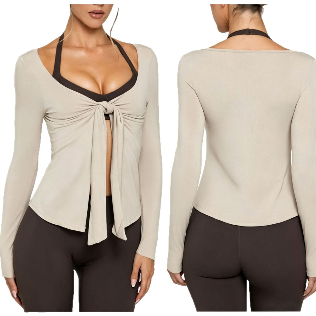 Womens High Elasticity Yoga Jacket with V-Neck Tie