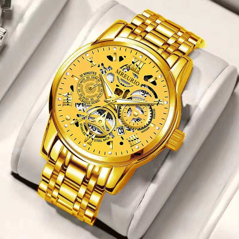 Hollow Calendar Mens Watch Stainless Steel Band