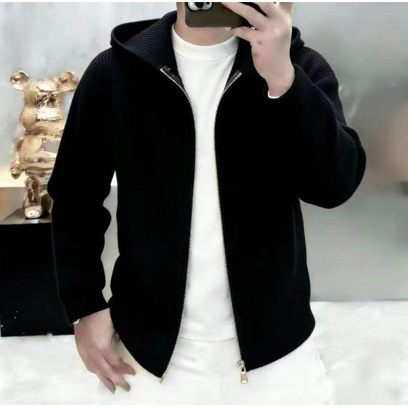 Men's long-sleeved loose pure-color hooded knitted cardigan
