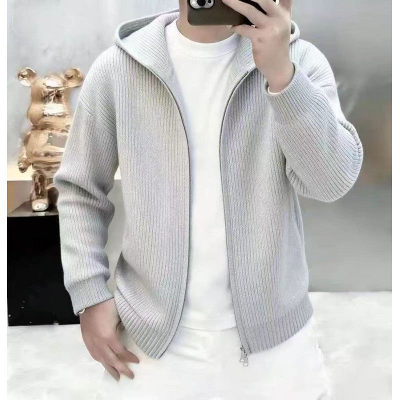 Men's long-sleeved loose pure-color hooded knitted cardigan
