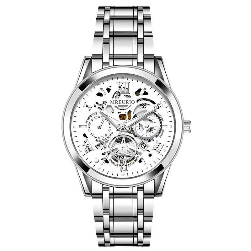 Hollow Calendar Mens Watch Stainless Steel Band