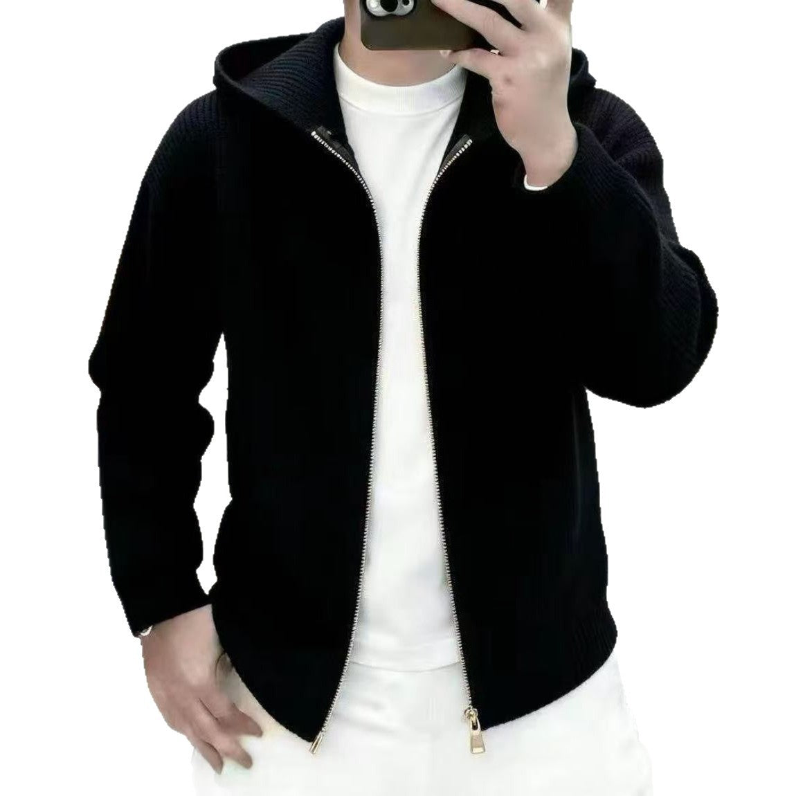 Men's long-sleeved loose pure-color hooded knitted cardigan