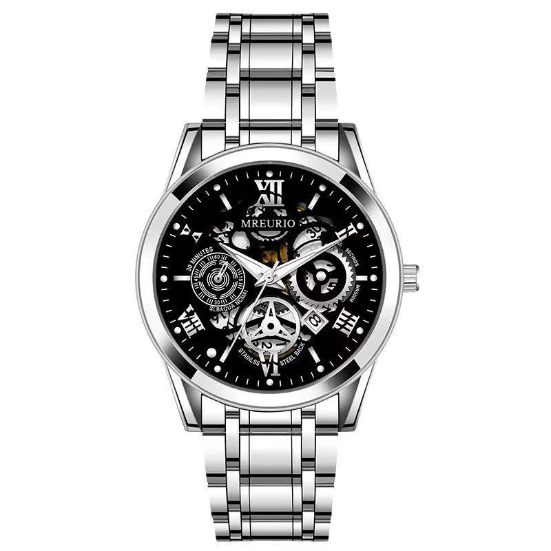 Hollow Calendar Mens Watch Stainless Steel Band