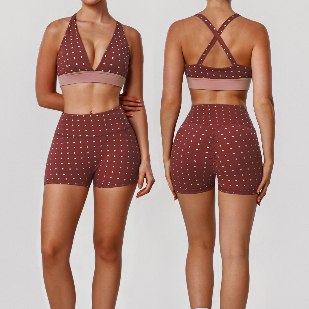 Polka Dot Yoga Wear Set with Push-Up Bra and Shorts