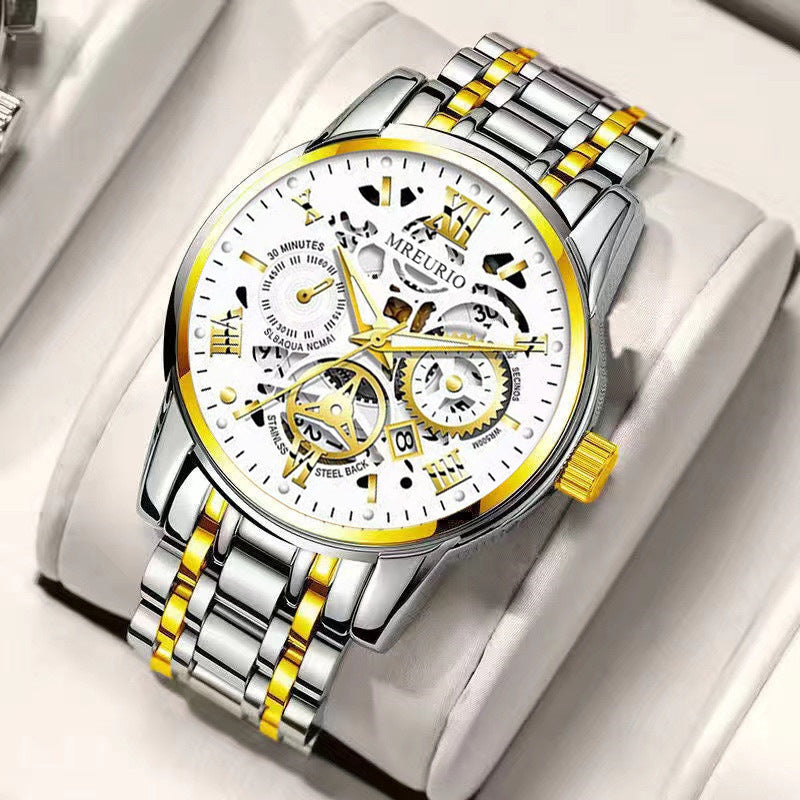 Hollow Calendar Mens Watch Stainless Steel Band