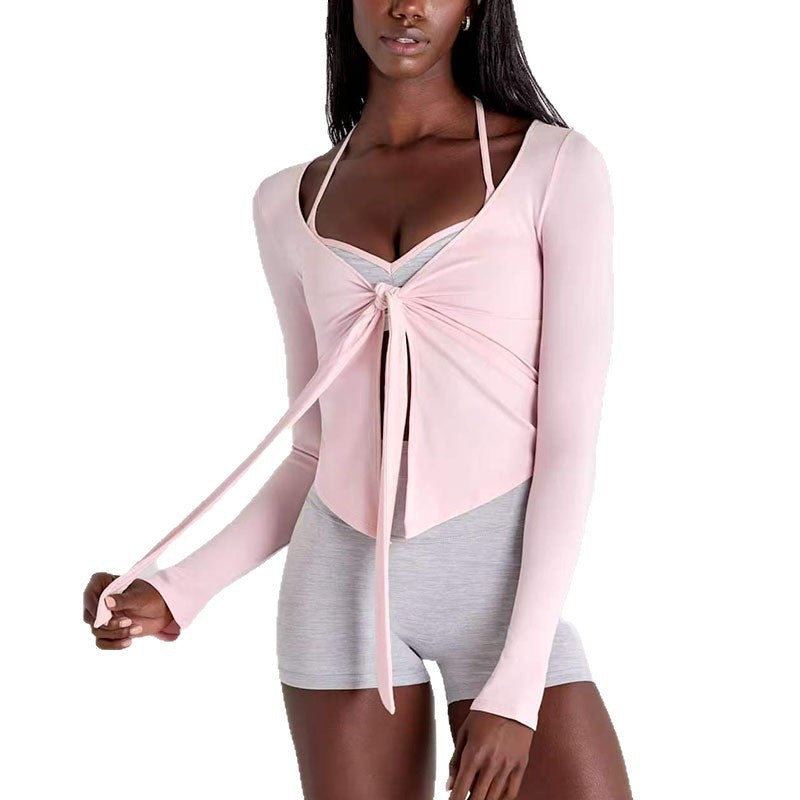 Womens High Elasticity Yoga Jacket with V-Neck Tie