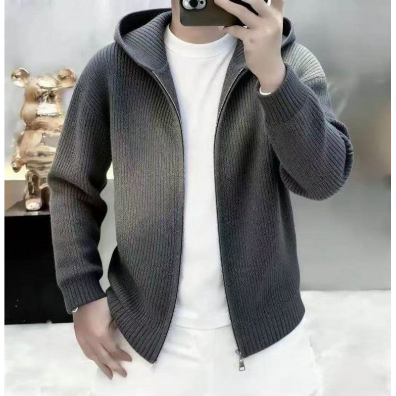 Men's long-sleeved loose pure-color hooded knitted cardigan