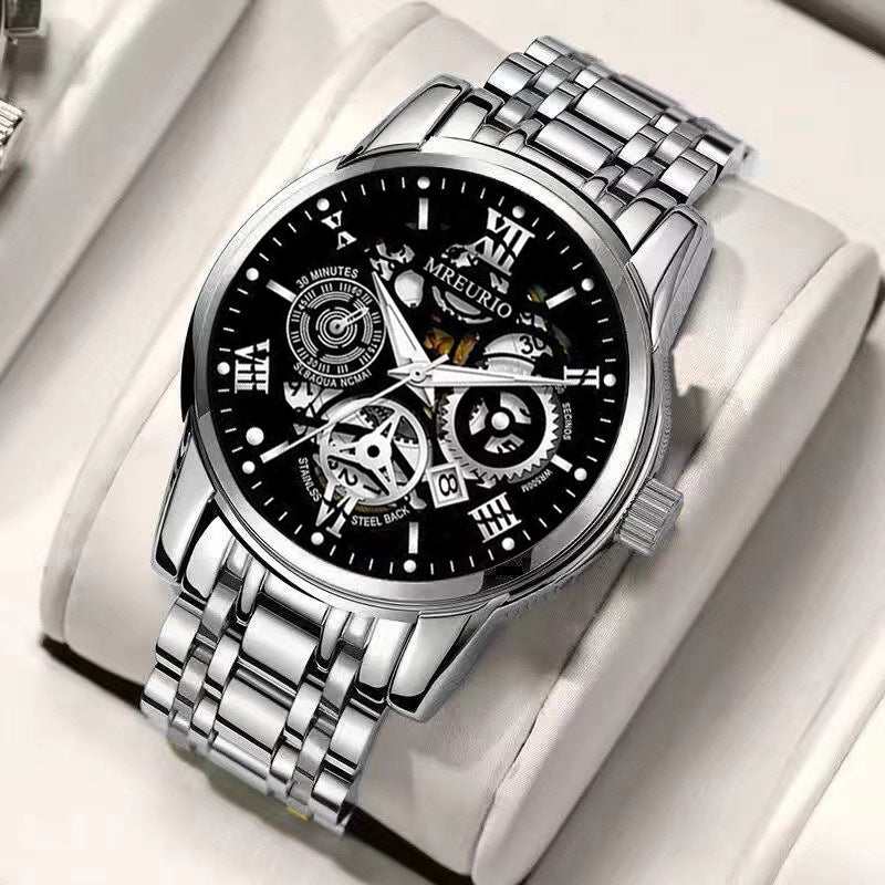 Hollow Calendar Mens Watch Stainless Steel Band