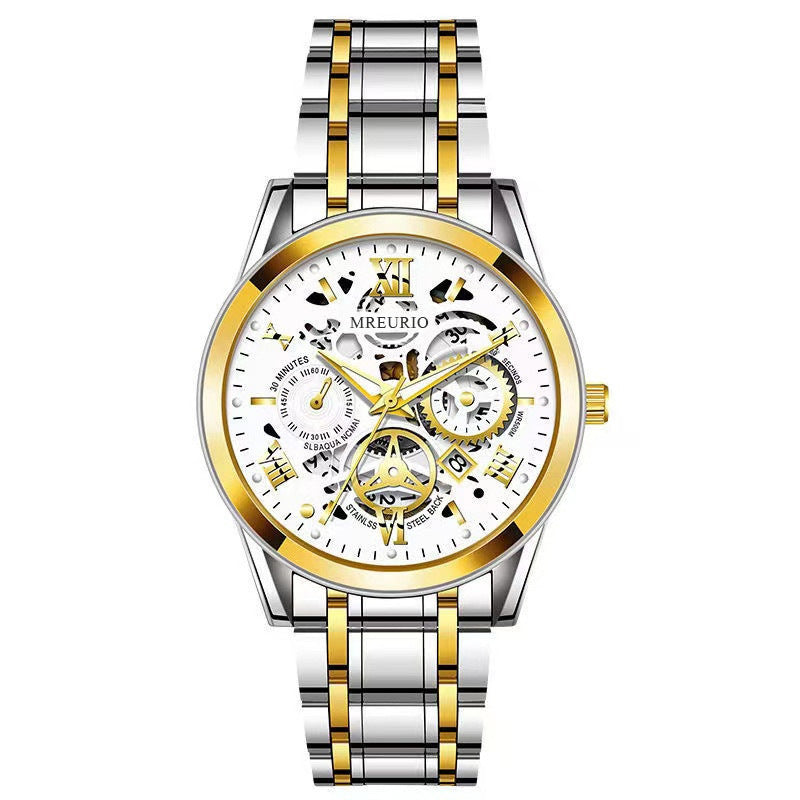 Hollow Calendar Mens Watch Stainless Steel Band