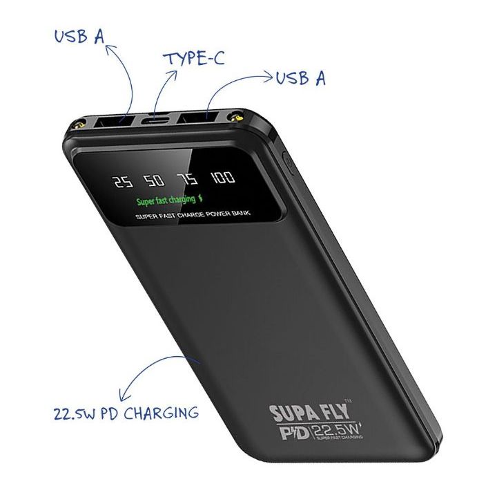 Supa Fly 10 000 mAh Fast Charge Powerbank | 22.5 W Dual Device | Black